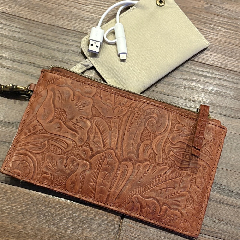 American Leather Co. Floral Embossed Wristlet with battery pack / New w/o tag